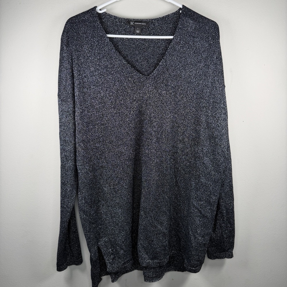 INC International Concepts Lurex V-Neck Step-Hem Sweater Size Large Black Silver